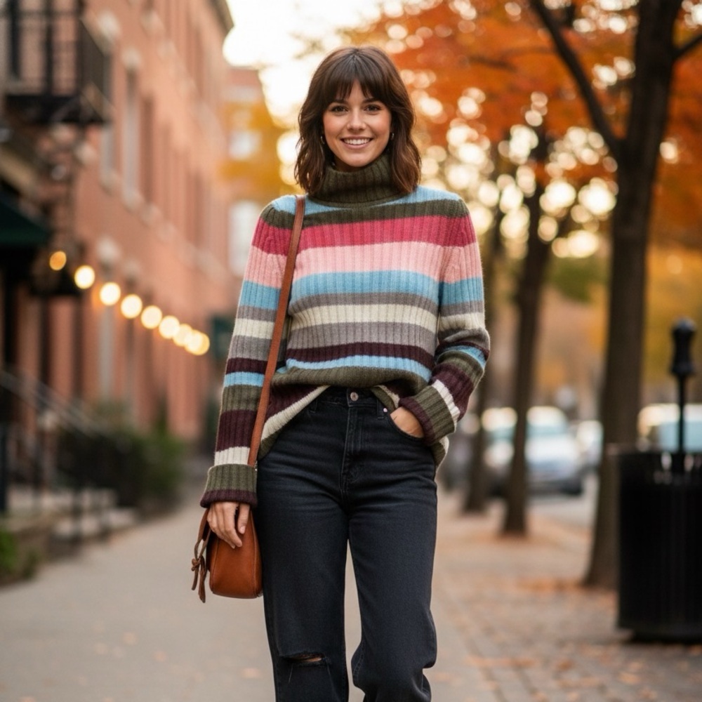 Cashmere Studio 4-Ply 100% Cashmere Ribbed Striped Turtleneck Sweater Size S